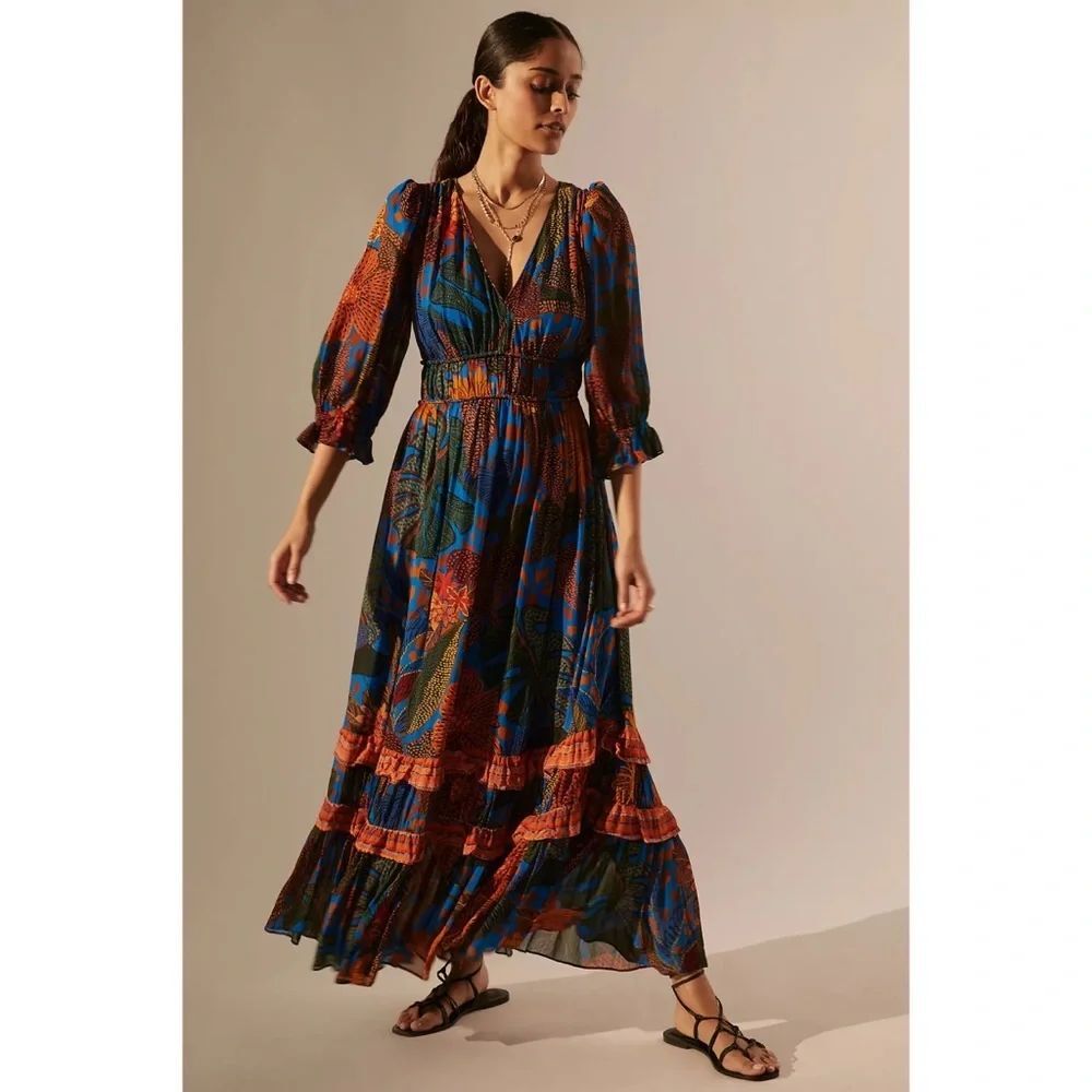 Anthropologie Farm Rio Puff Sleeve Maxi Dress